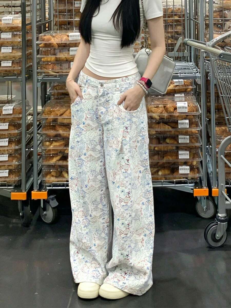 Women's Loose High Waist Casual Graffiti Cartoon Print Dragging Jeans - White - View 1