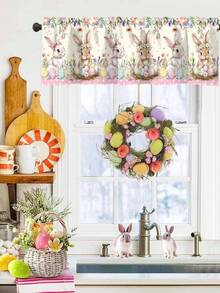1pc Easter Bunny Valance Curtain, 55x18Inch Spring Themed Rabbits & Easter Eggs Pattern Polyester Rod Pocket Short Curtain, Easter Decorations For Home, Farmhouse Style Kitchen Valances Window Treatments For Bedroom, Bathroom, Living Room, Spring Easter Holiday Decor, Easter Ornaments - Multicolor - View 10