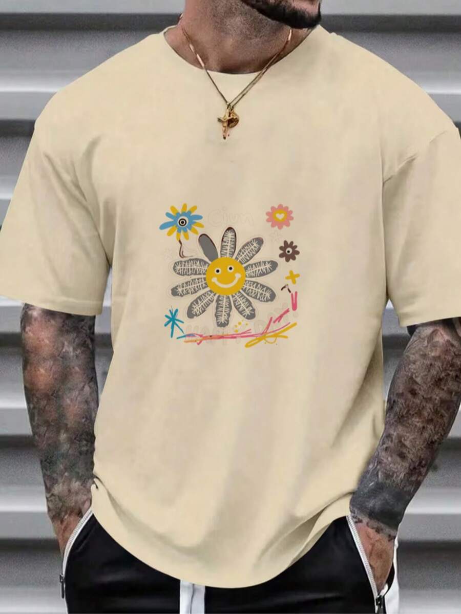 Esencial de Camiseta de algodón blanco con patrón de flores coloridas - Caqui - Ver 1
