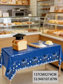 3pcs 137x274CM/53.94x107.87IN Graduation Theme Tablecloth - Waterproof & Stain Resistant, Burgundy/Light Blue/Blue/Purple "Congrats GRAD" Letter + Graduation Cap Print, Plastic Material, Suitable For Graduation Party, Promotion Ceremony, Campus Celebration Events And Daily Use - Blue - View 2