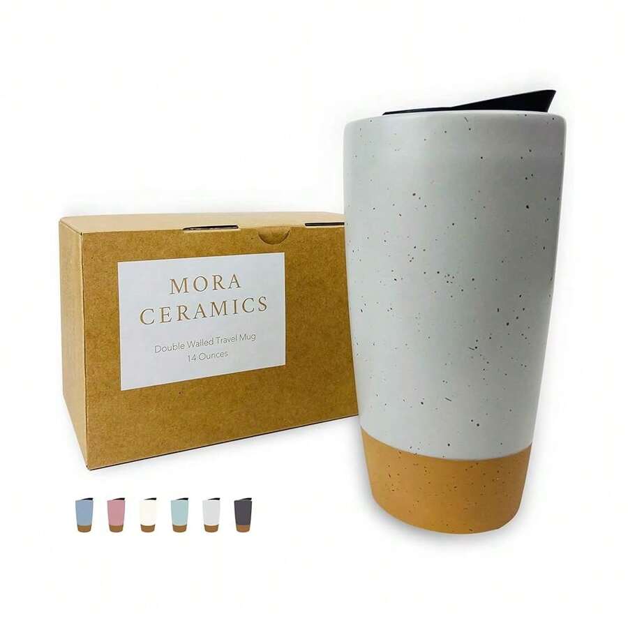 Mora Double Wall Ceramic Coffee Travel Mug With Lid, 14 Oz, Portable, Microwave, Dishwasher , Insulated Reusable Tall Cup, Splash Resistant Lid - To Go Tumbler For Car Cup Holder, Overcast Grey - 陰天灰色 - 查看 1