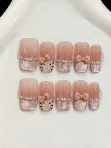 10PCS Middle Coffin Handmade Press On Nails For Party And Daily Wear,Pink Nails,Shiny And Dazzling,Pink Bow,Easy To Wear10pcs Y2K Handmade Press On Nails,Shining Bright , Nails,Suitable For Girls And Women Festivals Parties And Daily Wear Nail Supplies - Pink - View 8