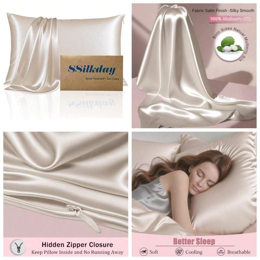 Mulberry Silk Pillowcase With Zipper Closure Standard Size 20x26 Inches 1 Pack Natural Beige Cooling Smooth Soft Breathable Pillow Cover For Hair And Skin Care Ideal For Hot Sleepers Women Men - 1 - 查看 1