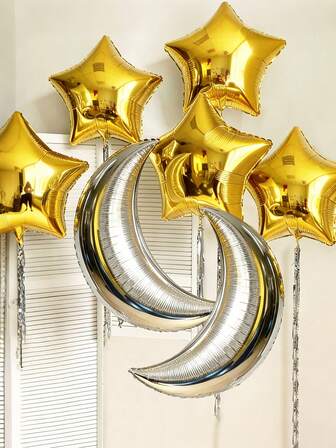 7-delat set med silvermåneballonger, inkluderar silvermåne- och guldstjärnefolieballonger, lämpliga för Ramadan, Eid-firanden, festivaler, födelsedagar