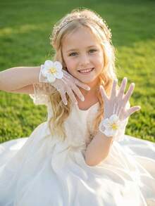 1双女童白色花朵透气蝴蝶结网眼露指手套，适合婚纱、摄影、舞台表演、公主、花童、生日等场合，高弹力五指手套 - 1Pair - 查看 5