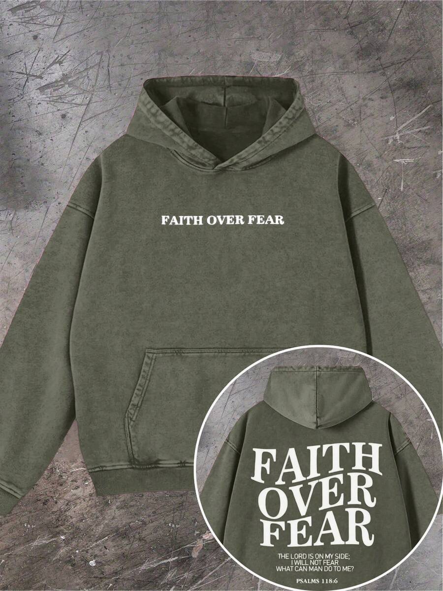 Men's Fashionable Autumn Washed Distressed Pocket Hoodie, Men's Vintage Washed Hooded Sweatshirt With Faith Over Fear Back Print - Y2K Streetwear Oversized Pullover, Pink & White Retro Lettering, Hip-Hop Campus Style, Loose Fit Casual Sweater For Men, All-Season Comfort, Machine Washable, Cordless Design With Front Pocket, Double-Sided Print, Relaxed Fit For Parties & Casual Attire, Sweatshirt For Men, Hoodie, Plus Size Hoodies For Men, Hoodie Jacket For Men, Thick Hoodies For Men - Street Fashion Outerwear - 橄欖綠 - 查看 1