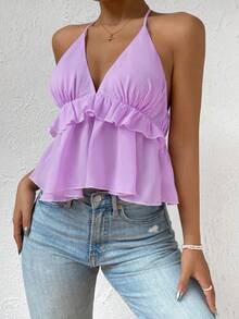 女士夏季纯色深V领荷叶边露背吊带休闲上衣 - 紫丁香色 - 查看 6
