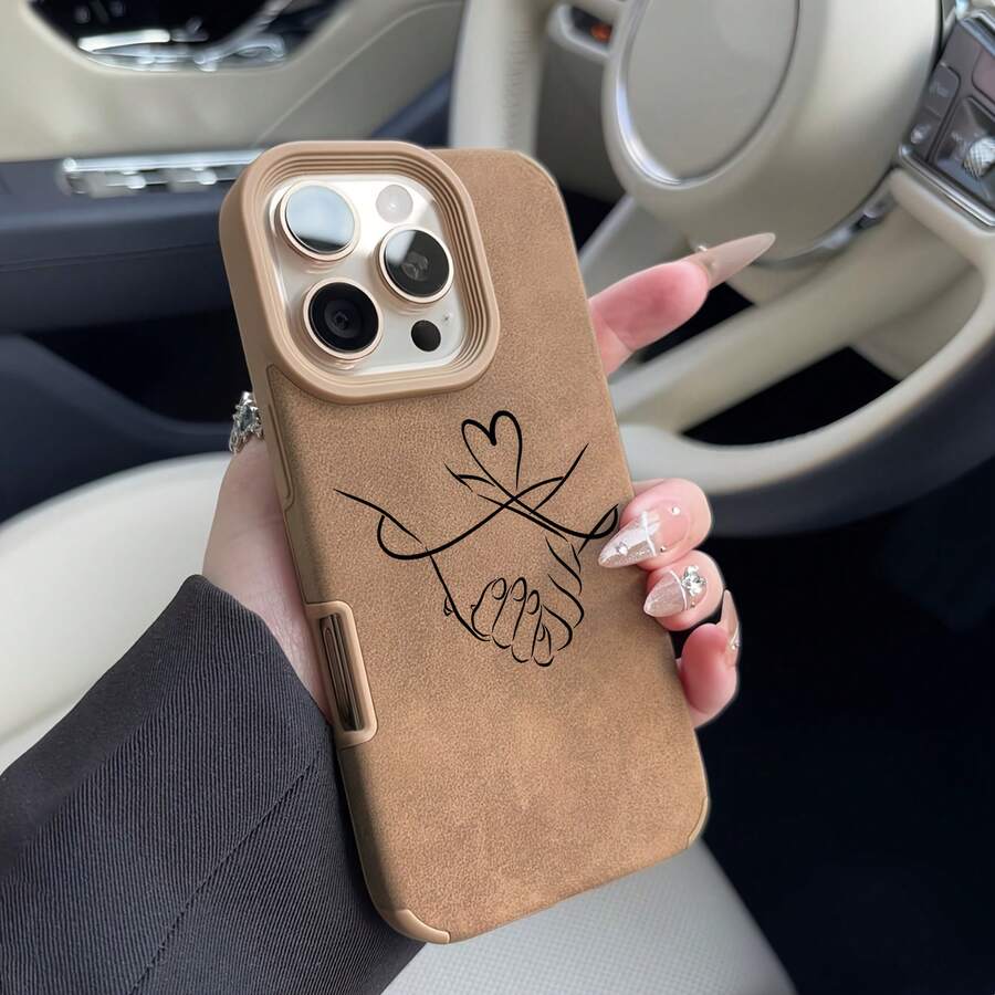 1pc Khaki Suede Texture Couple Handshake Pattern Minimalist Retro Style Phone Case Compatible With IPhone 16/15/14/13/12/11 Series