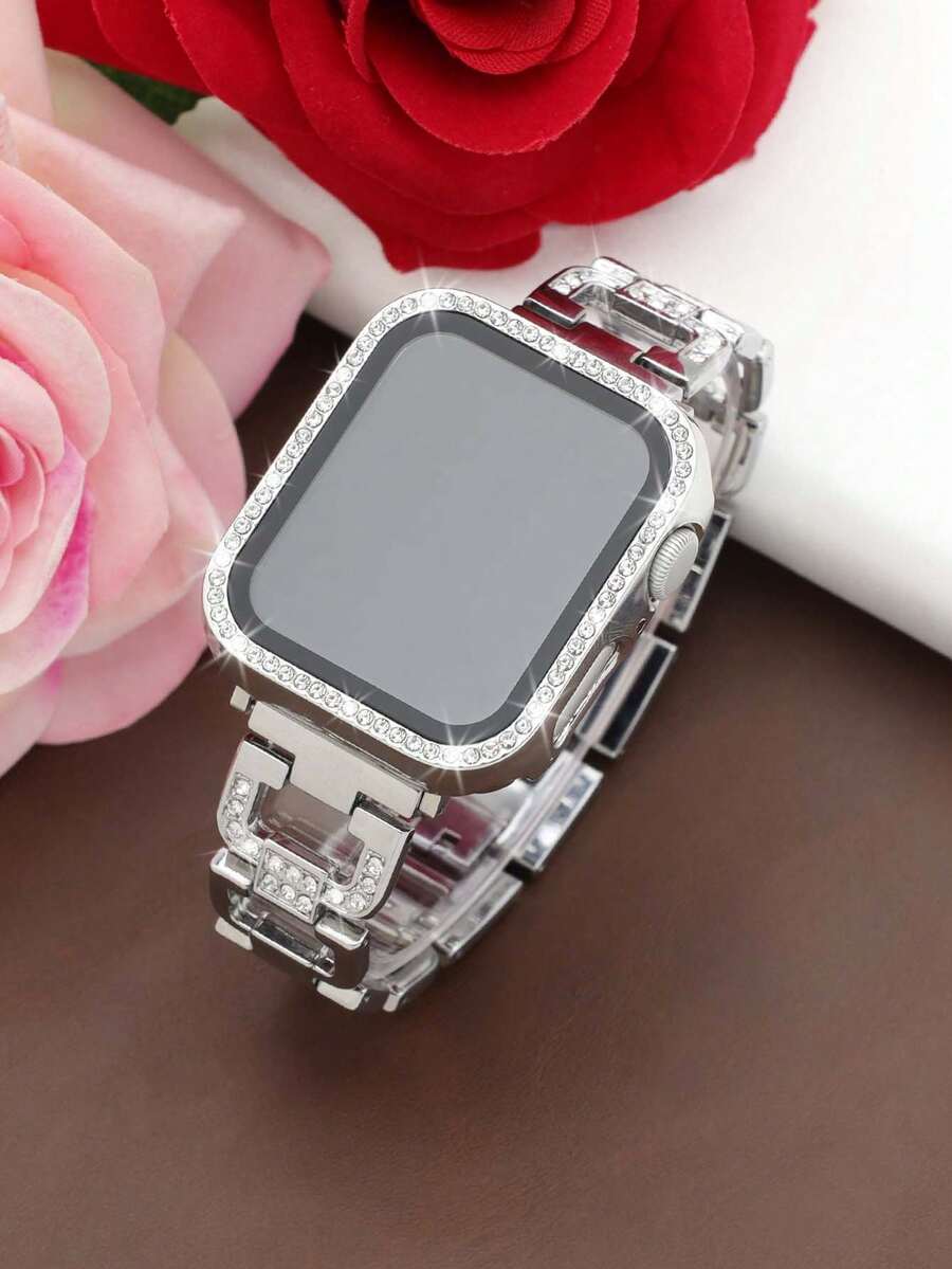 Band And Case Set For Women - Fashionable D-Shape Metal Band With Rhinestones (38mm, 40mm, 41mm, 42mm, 44mm) + Shiny Rhinestone Shock-Proof & Scratch-Resistant PC Case With Tempered Glass Screen Protector, Silver. Women's Accessories Compatible With Apple Watch Band And Case. - Silver - View 1
