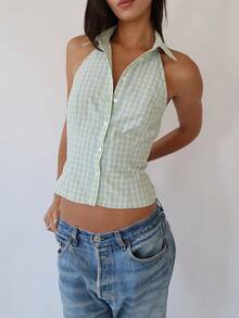 Button Down Halter Tops For Women Y2K Sleeveless Lapel Collar Backless Tank Top Frill Trim Fitted Crop Cami Shirt - Màu xanh lam - Xem 3