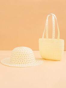 2pcs/Set Girls' Solid Color Woven Mesh Sun Hat + Matching Woven Handbag, Multi-Color Options, Fashion Minimalist Delicate & Breathable, Suitable For 2-3 Years Old Girls Outdoor/Beach Use In Spring/Summer, Can Be Used As Birthday/Holiday Gift - Multicolor - View 7