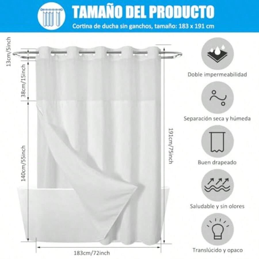 XISH Cortina de Baño sin Gancho con Forro a Presión 183x191cm de Cortina de Ducha de Tela Gofre Doble Capa Impermeable y Lavable Cortina Regadera Antimoho para Hogar Baño Gris 183 * 191cm - Blanco - Ver 1
