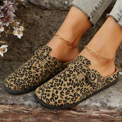 1 Pair Plus Size Mule Slippers, Women's Elegant Slip-On Office Slippers - Soft Fabric Upper, Metal Buckle, Comfortable Casual House Shoes, Suitable For All Seasons, Women's Slip-On Shoes, Mule Shoes, Plus Size Women's Casual Shoes, Leopard Print Women Slippers