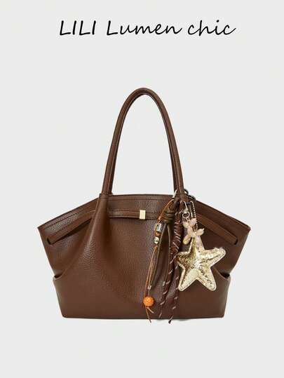 This Brand New Retro-Style Solid Color PU Material Magnetic Closure Women's Fashion Shoulder Bag, Crossbody Bag And Handbag Is Decorated With A Gold Star Pendant. It Is Elegant, , Lightweight, Practical And Versatile, Suitable For Work, Travel, Business Trips And Various Occasions, And Can Also Be Used For Cosmetic Storage.