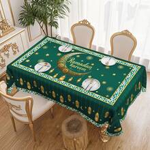 1pc Green Ramadan Tablecloth, Ramadan Kareem Theme Tablecloth With Crescent Moon, Lantern, Flower Design, Ramadan Eid Al-Fitr Decoration Islamic Style Dining Table Cover, Suitable For Indoor/Outdoor Party And Home Decor, Multiple Designs Available