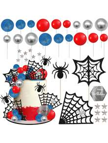 适合 1-9 岁儿童的蜘蛛生日蛋糕装饰，蜘蛛网主题生日快乐蛋糕装饰，生日派对浴室装饰用品 - 彩色 - 查看 10