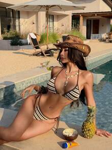 2pcs Women's Striped Sexy Backless Tie-Up Bikini Swimwear, Beach Vacation Summer - Maroon - View 4