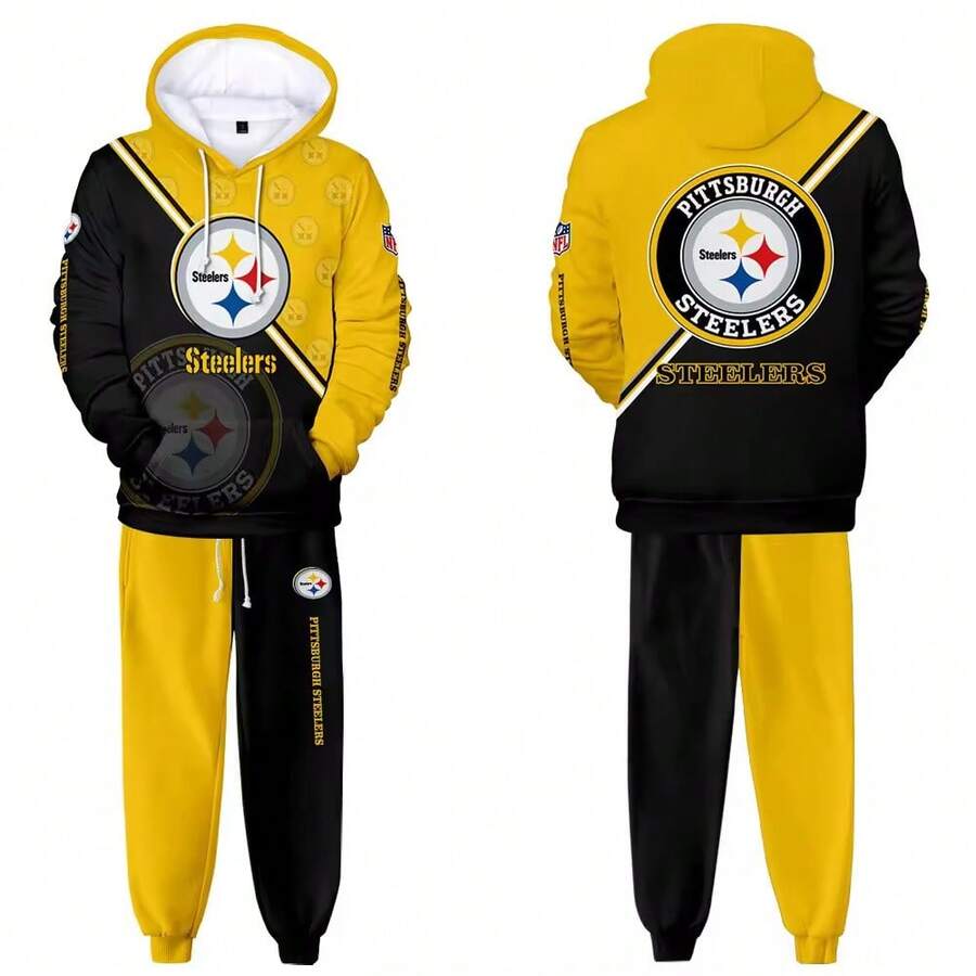 Pittsburgh-Steelers Men'S Stylish 3D Lion Print 2pcs Athletic Wear Set - Long Sleeve Hoodie & Joggers, Casual Outdoor & Gym Wear For Spring/Fall, Football Team Pattern Design, Comfortable & Breathable Fabric, Perfect For Comfortable Fit - Nhiều màu - Xem 1