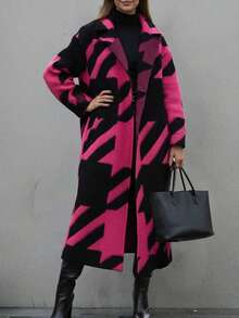 Women's Minimalist Colorblock Long Sleeve Knit Cardigan, Printed & Versatile, Autumn/Winter - Hot Pink - View 4