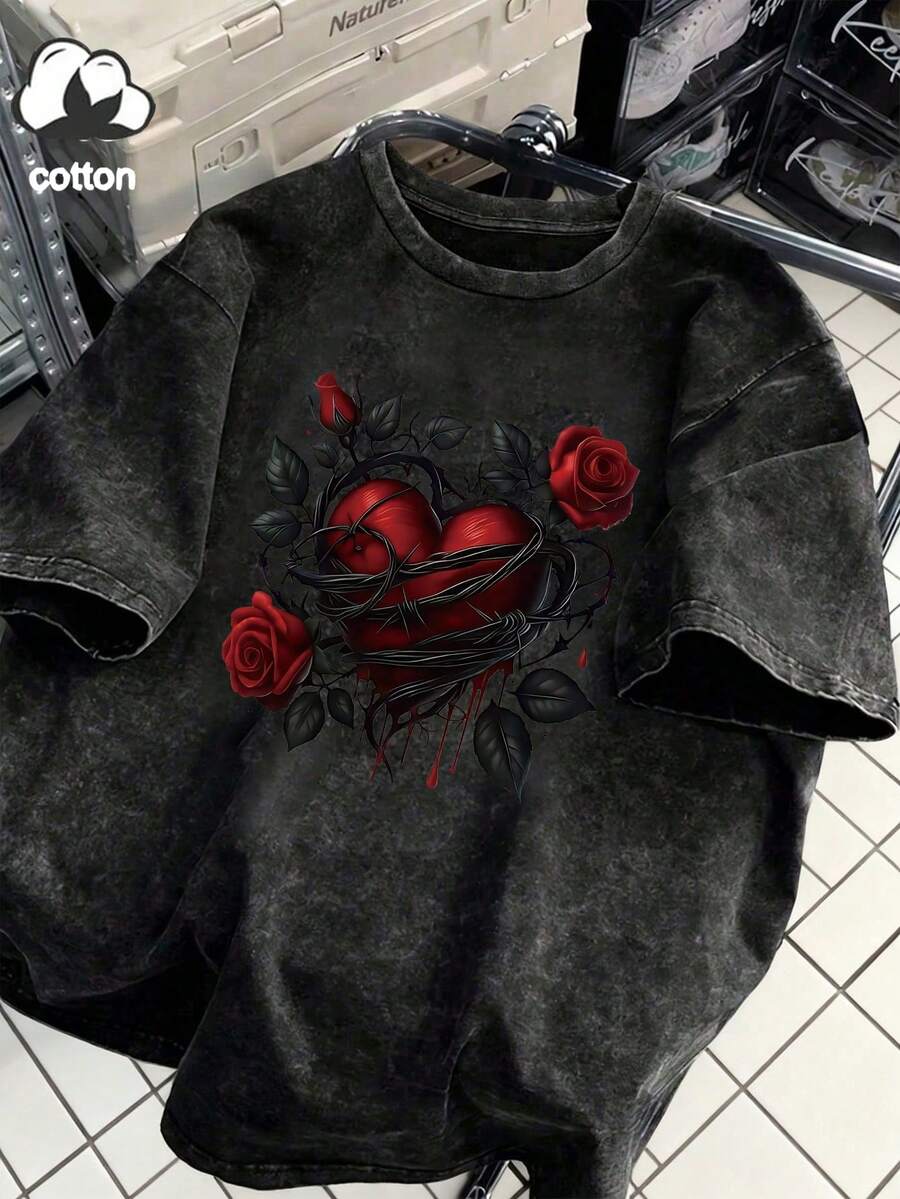 大码女式短袖休闲红色玫瑰印花水洗T恤，可机洗，舒适宽松版型，适合所有季节，情人节礼物，黑色夏季款 - 黑色 - 查看 1