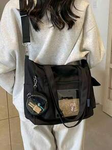 Sac fourre-tout minimaliste avec petite pochette ronde amovible, sac bandoulière en tissu souple grande capacité, convient pour les trajets quotidiens, les activités extérieures et les voyages - Noir - Voir 7