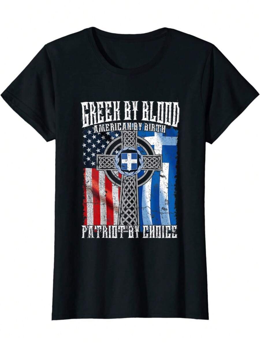 Greek By Blood American By Birth Patriot By Choice Fl Ladies' Crewneck T-Shirt - màu đen - Xem 1