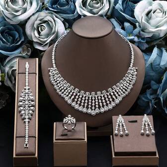 Fashion Cubic Zirconia Jewelry Set For Women Wedding Tassel Necklace Drop Earrings UAE Saudi 4PCS Bridal Party Jewelry Set