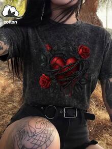 大码女式短袖休闲红色玫瑰印花水洗T恤，可机洗，舒适宽松版型，适合所有季节，情人节礼物，黑色夏季款 - 黑色 - 查看 11
