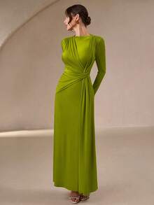 Đầm dạ hội dài cổ tròn thanh lịch và dịu dàng dành cho nữ - Có dây thắt eo, thích hợp cho các buổi tiệc, bữa tối trang trọng và trang phục lãng mạn ngày Valentine/Năm mới. - màu xanh lá - Xem 5