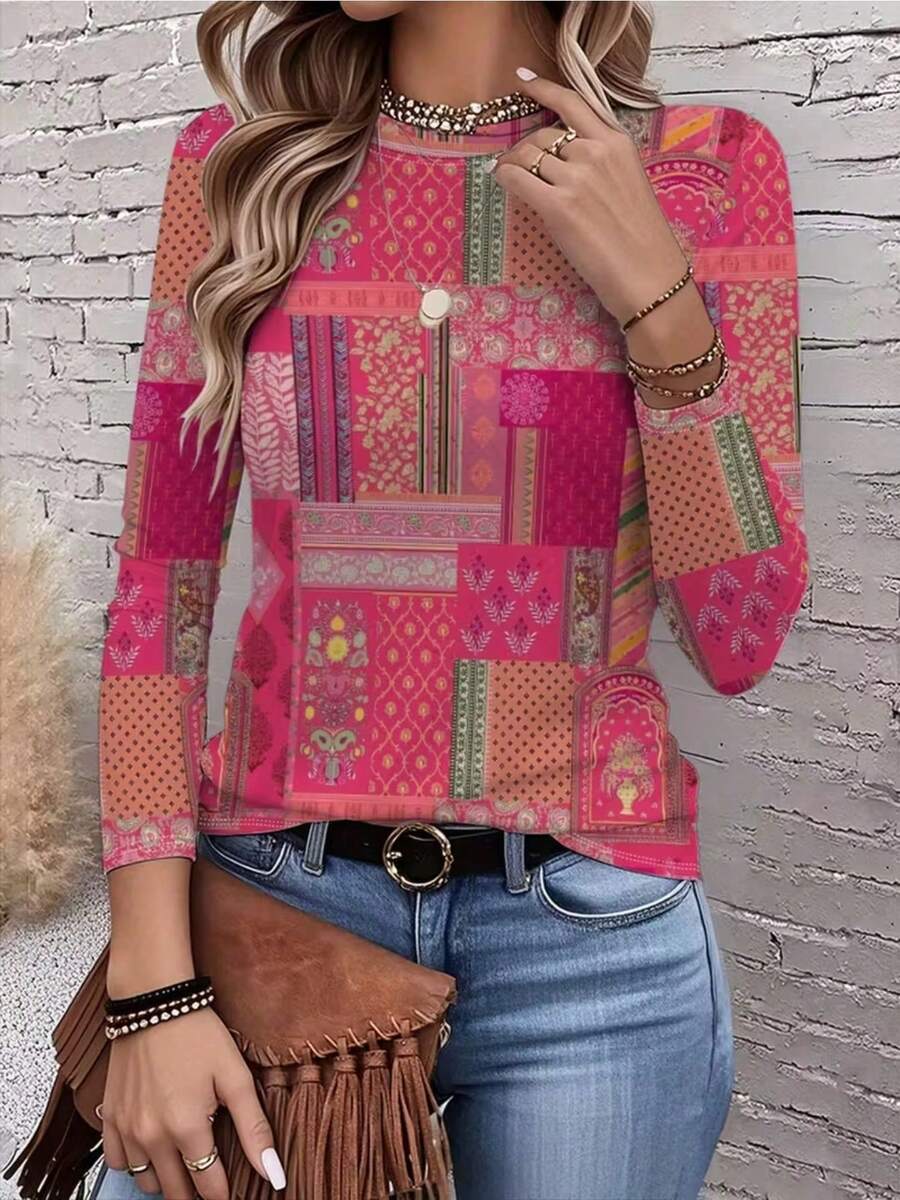Women's Pink To Green Ombre 3D Multicolor Block Print T-Shirt - Long Sleeve Round Neck Relaxed Fit Top With  Saree-Inspired Design, Soft Medium Stretch Fabric For Casual, Work & Festival Wear (Pink, Green, Golden, Turquoise) - trắng - Xem 1