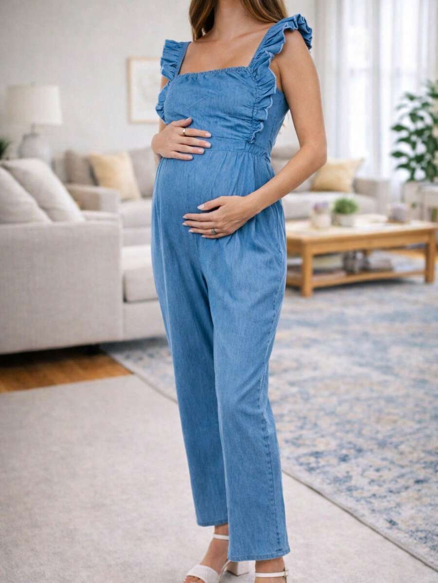 Mono enterizo jumpsuit palazzo palatso jumper largo maternidad premamá embarazo dama mujer mezclilla denim olan hombros espalda descubierta moño lazo amarre pierna recta casual suave cómodo fresco ligero moderno juvenil bohemio romántico dulce diario embarazada prenatalidad día primavera verano picnic brunch desayuno salida - Azul Cielo - Ver 1