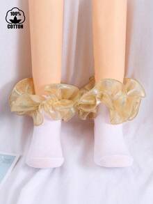 1 Pair Cotton Spring/Autumn Children/Toddler Gold Sequin Ruffle Trim Princess Style Ankle Socks - Gold - View 1