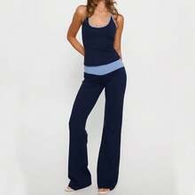 Women Two Piece Outfits Scoop Neck Sleeveless Contrast Color Slim Fit Halter Tops High Waisted Pants Set - Navy Blue - View 1
