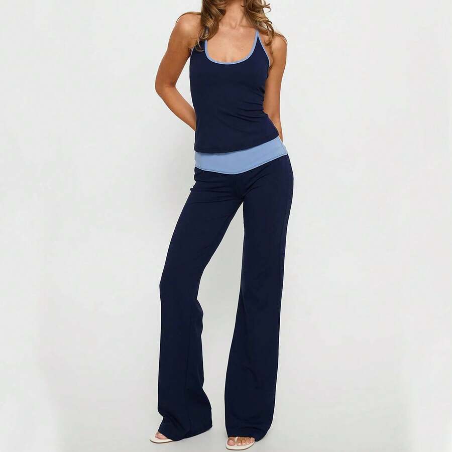 Women Two Piece Outfits Scoop Neck Sleeveless Contrast Color Slim Fit Halter Tops High Waisted Pants Set - Navy Blue - View 1