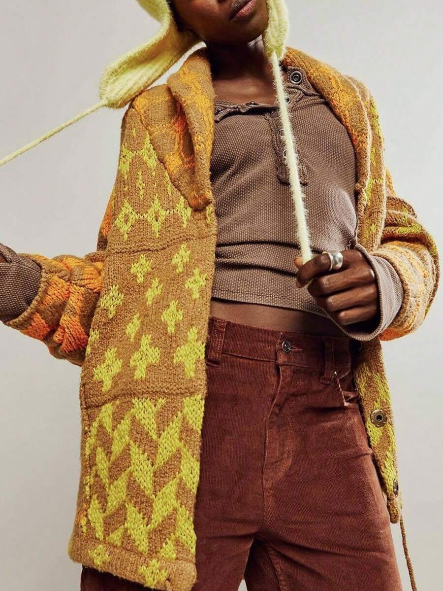 Women's Oversized Cardigan Sweater,Button Down Shawl Collar Sweater Coat,Y2K Print Fall Fashion Cardigans,Cozy Long Open Front Knit - 黃色 - 查看 1