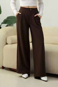 DAZY Pantalon droit ample de couleur unie avec taille élastique pour femmes, pantalon habillé pour femmes en automne - Tabac - Voir 2
