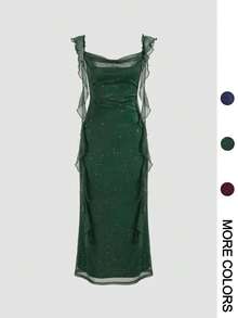 Women's Solid Glitter Ruffle Trim Dress, Elegant Sleeveless Formal Dress For Party Club Dating Wear, Ladies Clothes For All Seasons - Đỏ - Xem 7