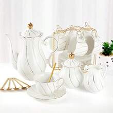 DUJUST 22 Pcs White Porcelain Tea Set For 6 Luxury British Style Tea/Coffee Cup Set With Golden Trim Beautiful Tea Set For Women Tea Party Set Gift Package With A Stand - 22pcsWhite - View 1