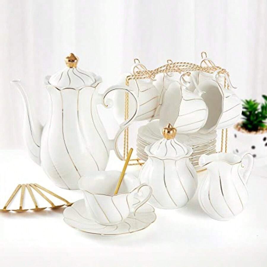 DUJUST 22 Pcs White Porcelain Tea Set For 6 Luxury British Style Tea/Coffee Cup Set With Golden Trim Beautiful Tea Set For Women Tea Party Set Gift Package With A Stand - 22pcsWhite - View 1