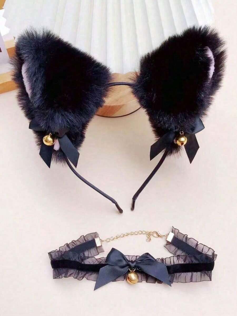 2pcs Women Mesh Furry Ear Headband, Bow Tie Collar Bell Roleplay Costume Accessories, Halloween, Party Cosplay Prop Headband, Bunny Ears, Bow Tie Collar Set - màu đen - Xem 1