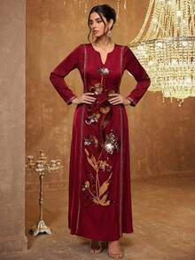 女士纯色V领连衣裙，饰有刺绣细节、手工编织花卉图案、撞色滚边和腰带设计，优雅长袖连衣裙，适合多种场合：节日、日常穿着、约会、旅行等。春季 - 酒紅色 - 查看 1