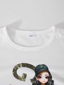 2pcs Girls Camouflage Pants And Cartoon Print Long Sleeve Top Set - White - View 4