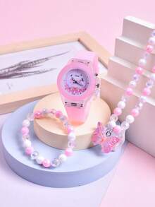 2026新款花朵蝴蝶双机芯LED学生手表，卡通蝴蝶儿童石英表，项链手链公主首饰套装，3件套女孩礼品套装 - 粉色 - 查看 4