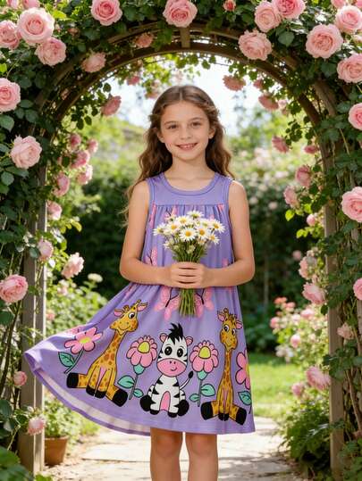 Vestido sin mangas con estampado de dibujos animados para niñas, vestido con estampado de animales en morado, vestido casual y transpirable de verano para niños, vestido casual y minimalista lindo, adecuado para juegos al aire libre