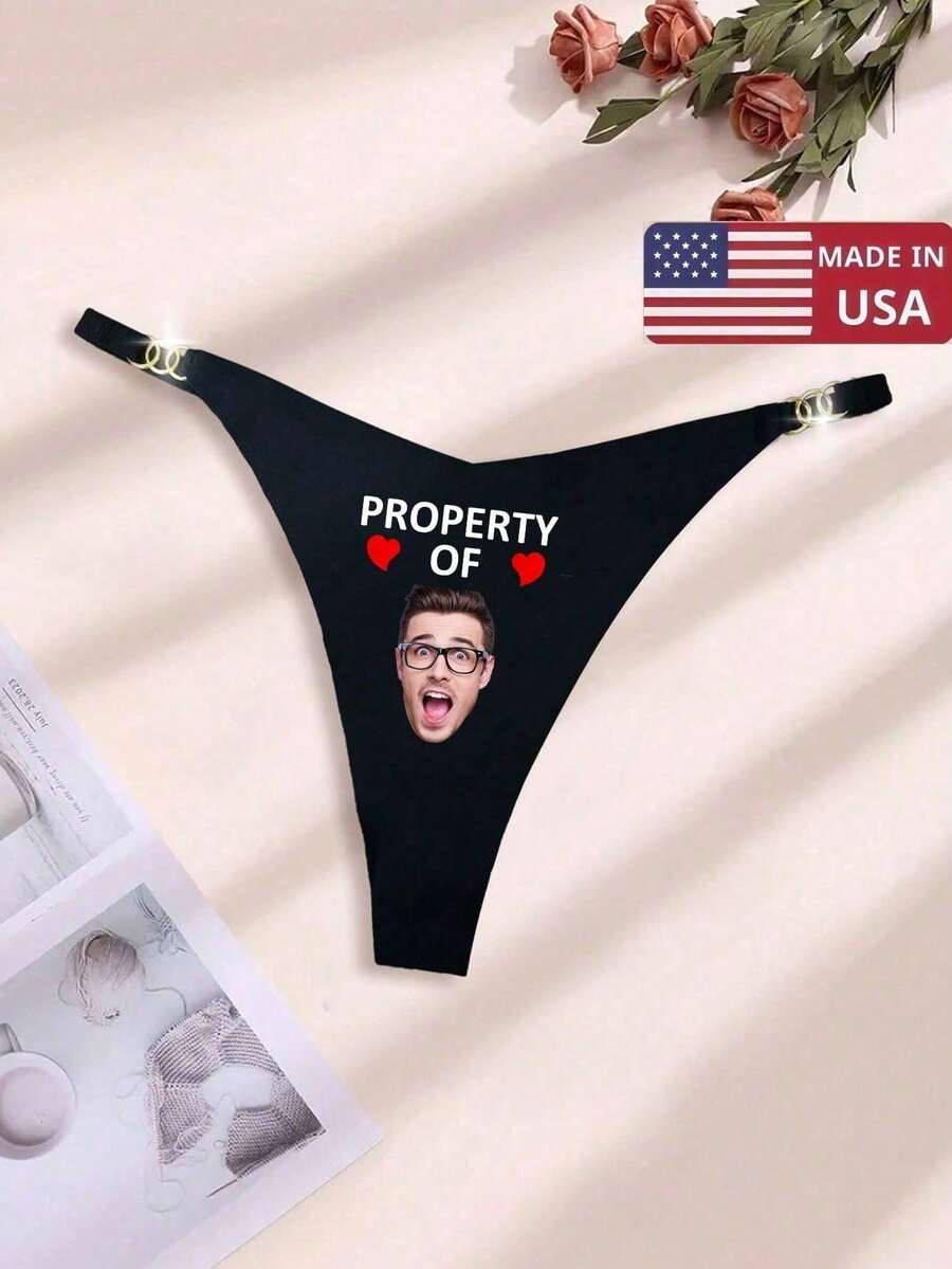 Women's Customized Text/Name Metal Ring Thong Panties, Sexy Invisible V-Waist Elastic Breathable Soft Comfortable Underwear, Gift For Girlfriend, Wife, Lover, Valentine's Day - Đen-1 - Xem 1