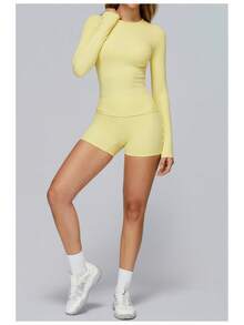 Women Sports Sets - Long-sleeved Shirt + Shorts, Light Yellow - View 2