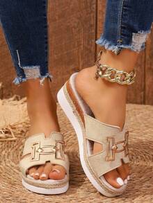 Women's Metal Buckle Decor "H" Shaped Vamp Slip-On Wedge Heel Platform Sandals, Bohemian Style, Beige Suede With Jute Rope, Lightweight Sole, Beach Holiday Wedge Slide Sandals - Beige - View 3