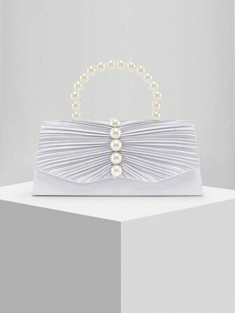 New Pleated Satin Pearl Decor Evening Bag, Clutch Bag With Chain Strap, Suitable For Weddings, Galas, Parties, Banquets. Best Gift For Women