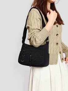 Women's Solid Color Nylon Multi-Layer Zipper Adjustable Shoulder Strap Shoulder Diagonal Crossbody Bag With Metal Decoration - Black - View 3