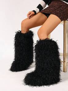Women's Winter Snow Boots, Fashionable Faux Fur Boots - Black - View 6